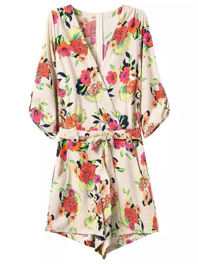 Shein Multicolor Pockets Tie-waist Bow Flower Print Romper