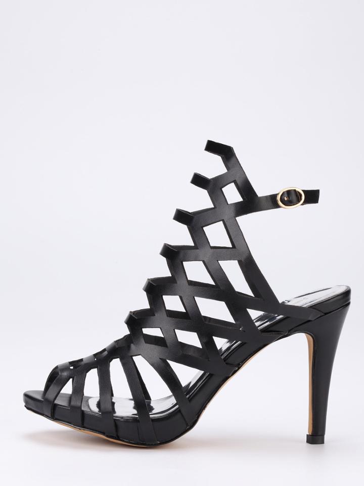Shein Caged Peep Toe Slingback Heels - Black