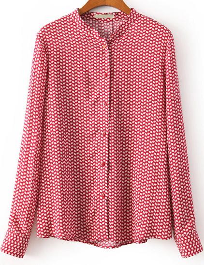 Shein Red Stand Collar Long Sleeve Leaves Print Blouse