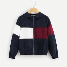 Shein Girls Zip Up Hooded Color-block Jacket