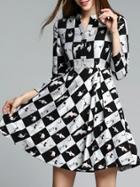 Shein Black White Check V Neck Crane Print Dress