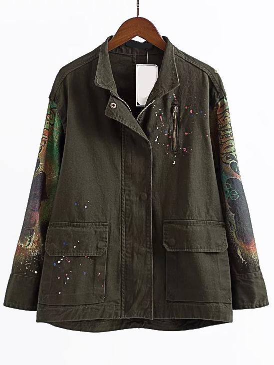Shein Army Green Graffiti Print Zipper Coat With Pocket