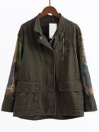 Shein Army Green Graffiti Print Zipper Coat With Pocket