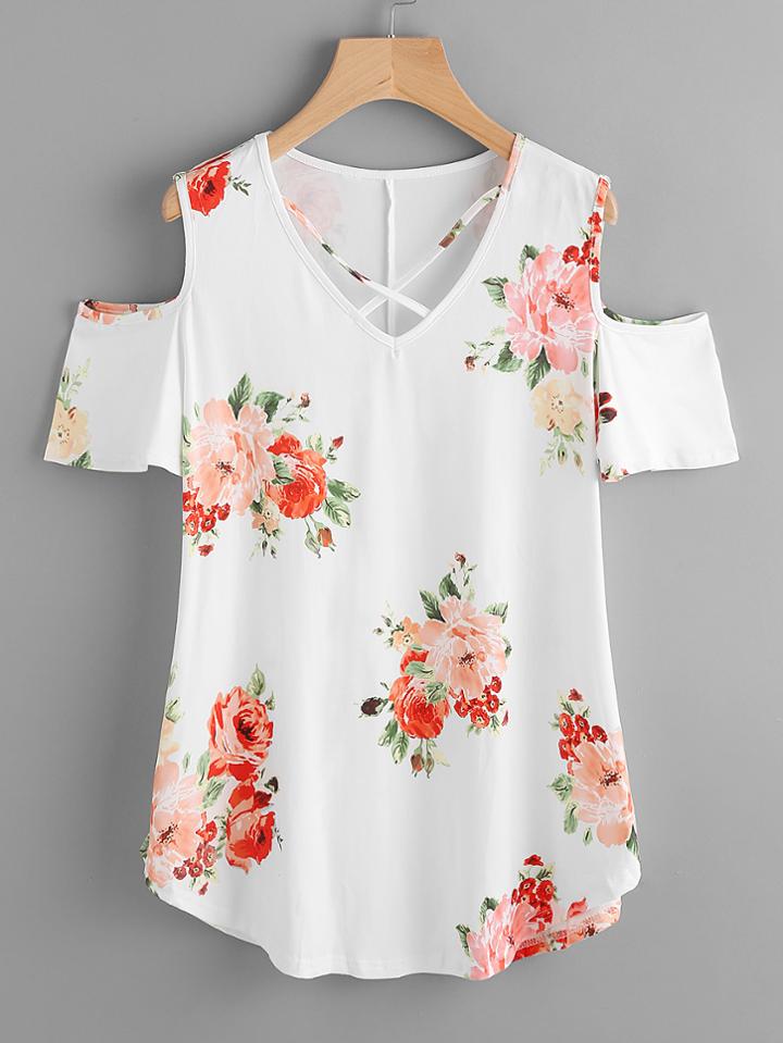 Shein Crisscross V-neckline Open Shoulder Random Florals Tee