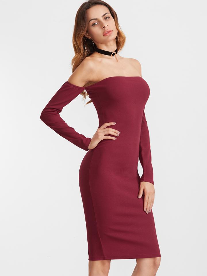 Shein Off The Shoulder Split Zipper Back Long Sleeve Dress