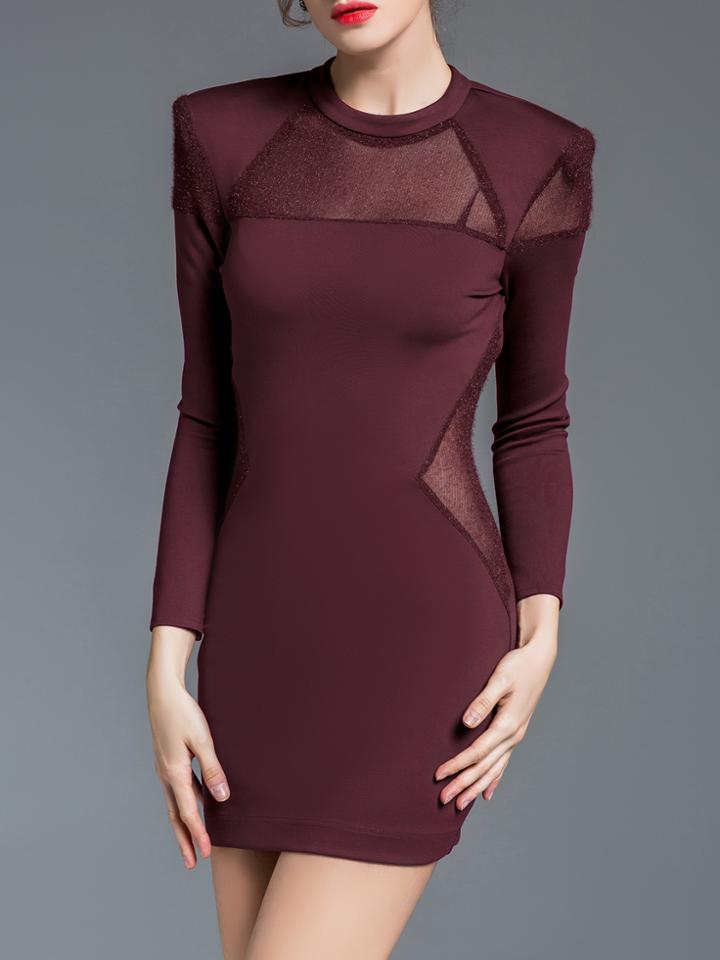 Shein Burgundy Crew Neck Sheer Combo Sheath Dress