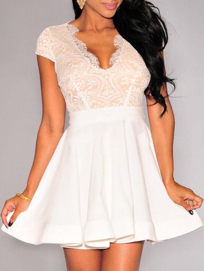Shein White Deep Plunge Neck Lace Insert Flare Dress
