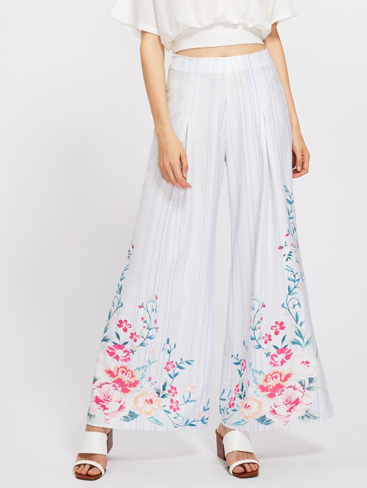 Shein Flower And Stripe Print Fold Pleat Palazzo Pants