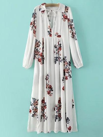 Shein White V Neck Floral Lapel Chiffon Dress