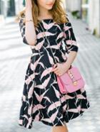 Shein Black Pink Round Neck Birds Print Dress