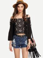 Shein Black Off-the-shoulder Bell Sleeve Embroidery Blouse