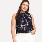 Shein Plus Sleeveless Tied Neck Floral Blouse