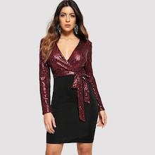 Shein Sequin Bodice Two Tone Wrap Dress