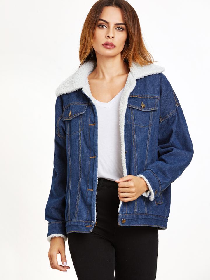 Shein Blue Drop Shoulder Sherpa Lined Denim Jacket