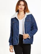 Shein Blue Drop Shoulder Sherpa Lined Denim Jacket