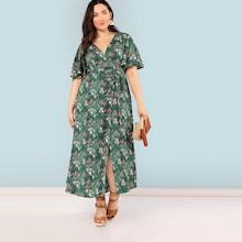 Shein Plus Plunging Neck Flutter Sleeve Slit Floral Dress