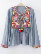 Shein Vertical Striped Embroidery Detail Blouse With Pom Pom Tie
