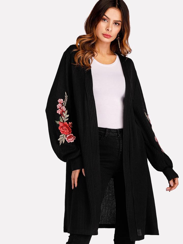 Shein Rose Embroidered Balloon Sleeve Cardigan