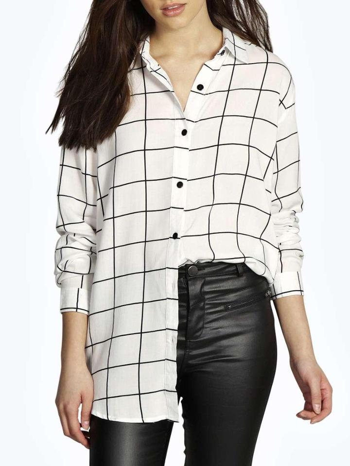 Shein White Long Sleeve Plaid Oversized Blouse