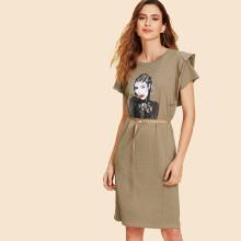 Shein Figure Print Ruffle Sleeve Dress With Belt