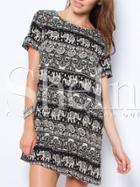 Shein Black White Short Sleeve Camo Elephant Print Dress
