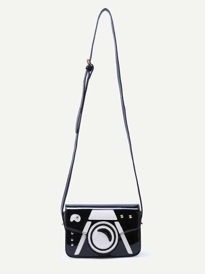 Shein Black Patent Leather Camera Design Flap Crossbody Bag