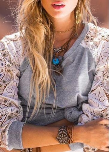 Rosewe Long Sleeve Lace Panel Grey Round Neck Sweats