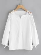 Shein Tie Cuff Hollow Lace Panel Blouse