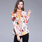 Shein Floral Print Stripe Contrast Tie Neck Shirt