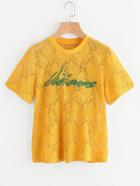 Shein Ribbed Neck Letter Embroidered Leaf Lace Top