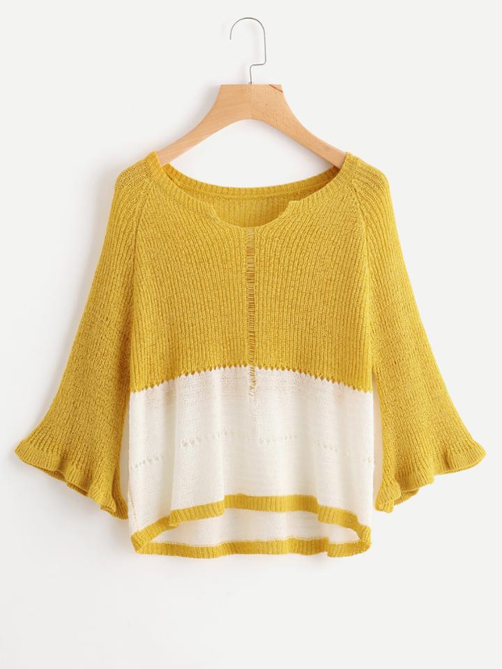 Shein Fluted Sleeve Laddering Contrast Jumper