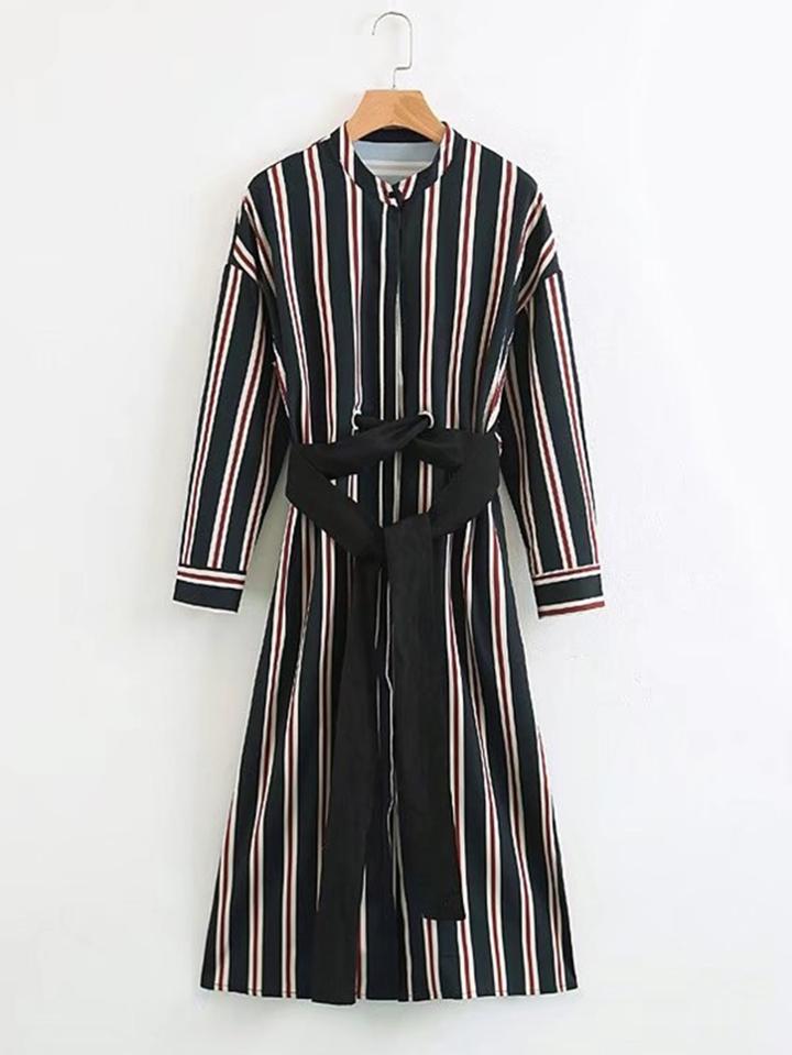 Shein Vertical Striped Self Tie Shirt Dress