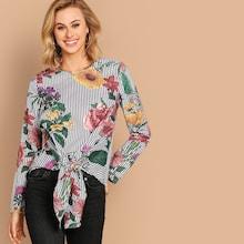 Shein Knot Front Striped & Floral Print Top