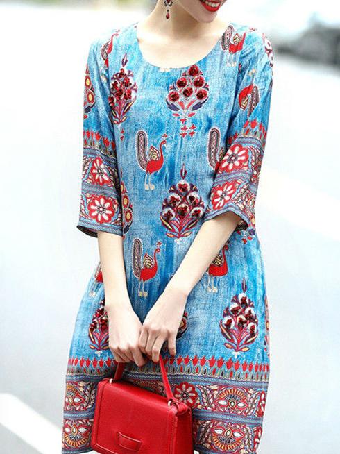 Shein Blue Tribal Print Denim Dress