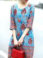 Shein Blue Tribal Print Denim Dress