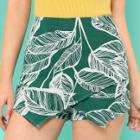 Shein Leaves Print Overlap Front Skirt Shorts