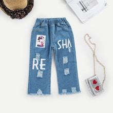 Shein Toddler Girls Letter & Figure Print Raw Hem Jeans