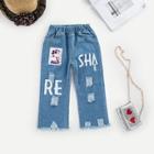 Shein Toddler Girls Letter & Figure Print Raw Hem Jeans