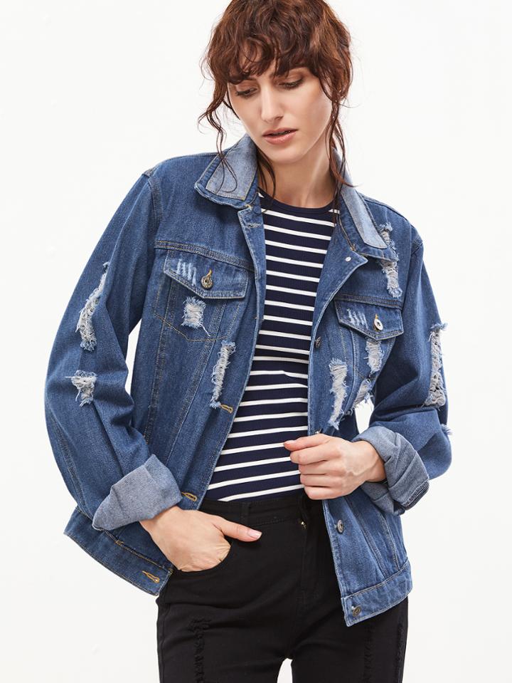 Shein Blue Ripped Patch Denim Jacket