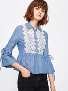 Shein Drawstring Fluted Sleeve Lace Applique Peplum Blouse