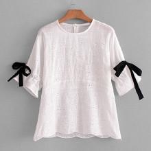 Shein Tie Detail Eyelet Embroidered Babydoll Blouse
