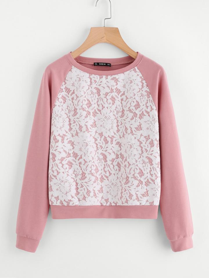Shein Flower Lace Patched Front Raglan Sleeve Sweatshirt