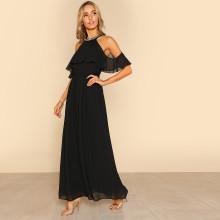 Shein Beading Halter Neck Flounce Cold Shoulder Dress