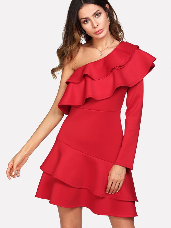 Shein One Shoulder Tiered Ruffle Dress