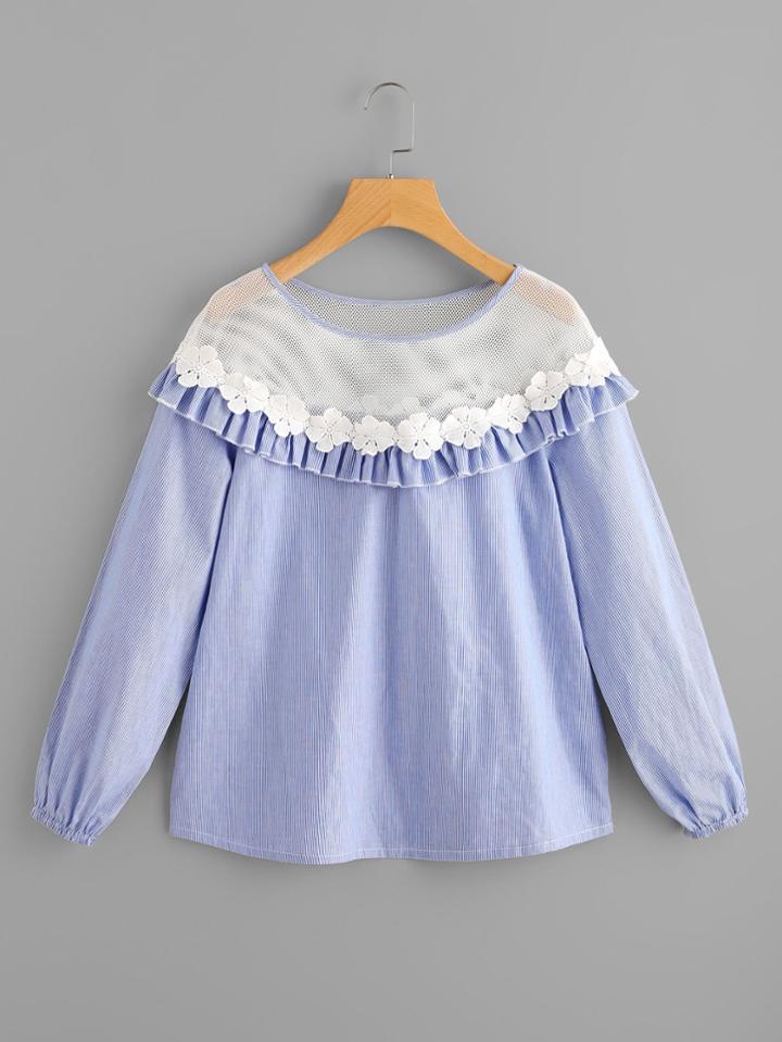 Shein Contrast Fishnet Neck Flower Applique Frill Detail Blouse