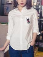 Shein White High Low Cat Embroidered Blouse
