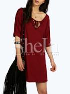 Shein Wine Red Half Sleeve Lace Up Dress