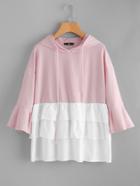 Shein Trumpet Sleeve Contrast Tiered Hem Mixed Media Hoodie
