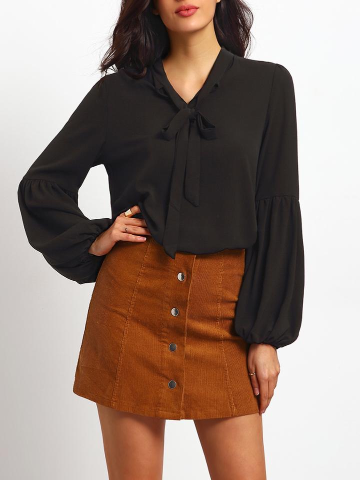 Shein Black Lantern Sleeve Tie Collar Blouse