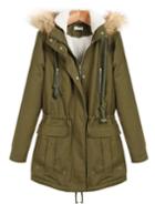 Shein Green Faux Fur Hooded Long Sleeve Zipper Drawstring Coat
